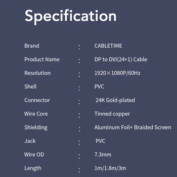 CABLETIME 2020 Nye Display Port til DVI-Kabel M/M DisplayPort (DP til DVI-Forbindelse Adapter 1080P 3D-for PC-Projektor HDTV C074