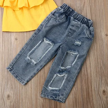 Fashion Boutique pige tøj Kids Baby Pige Fra Skulder Toppe+slidte Jeans Denim Bukser 3stk Tøj Størrelse 2-6Y