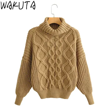 WAKUTA Womens Solid Trøjer og Pullovers 2020 Efterår og Vinter Simpel måde Hamp Patttern Smarte Løs Strik Trøjer O-hals