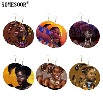 SOMESOOR Afro Dronning Naturlige Hår Sort Kunst Træ Dråbe Øreringe Print Afrikanske Etniske Headwraps Melanin Pige Designs For Kvinder Gave
