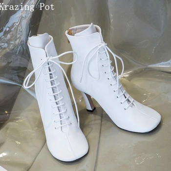 Krazing pot vinter mærke sko snøre støvler rund tå i ægte læder bane, cross-bundet gamle mærkelige stil ankel støvler L21