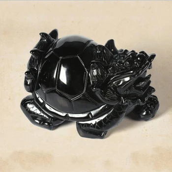 Naturlig Sort Obsidian Dragen Skildpadde Ornamenter Kina Fengshui-Quartz Krystal Skildpadde Rigdom Heldig Statue Håndværk Hjem dekoration