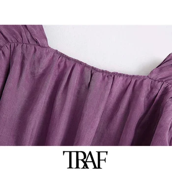 TRAF Kvinder Chic Mode Plisserede Hyggelig Mini Kjole Vintage V-Hals Lange Ærmer Elastisk Talje Kvindelige Kjoler Vestidos Mujer