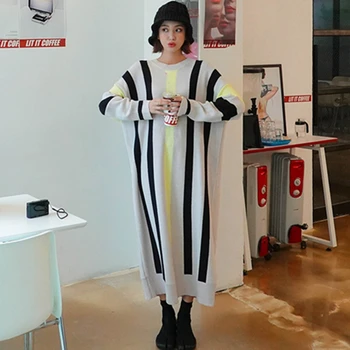 2020 Efterår og Vinter Korea Style Nye plus Size Lang Sweater Dress Kvinder Løs Stribet Strikket Sweater Casual Strik Kjoler