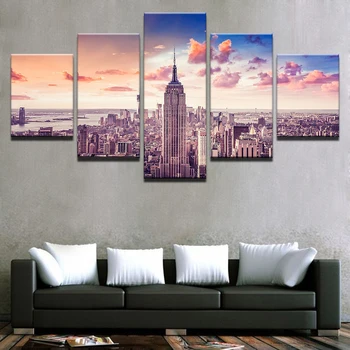 Canvas HD Udskriver Modulære Pictures Home Decor 5 Stykker Solnedgang New York Bygning Maleri Bybilledet Plakat Væg Kunst Ramme