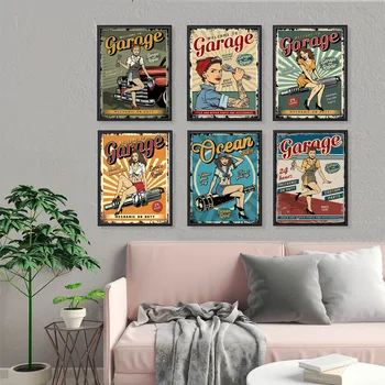 Retro Militære Garage Service Plakat med Pin Up Girl Plakater og Prints Væg Kunst, Lærred Maleri på Væggen Billedet til Garage Indretning
