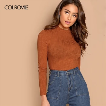 COLROVIE Orange Stå Krave Slim Fit Arbejdstøj Ribbet Top Kvinder Grundlæggende Shirt 2019 Foråret Lange Ærmer Afslappet Kontor Damer T-Shirt