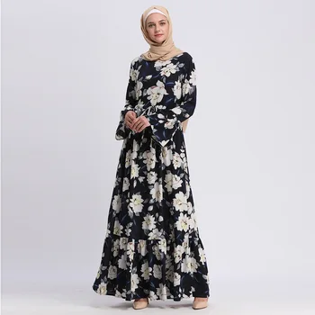 Wepbel Big Swing Muslimske Kvinder Kjoler Med Lange Ærmer Flora Trykt Abaya Løs Høj Talje Robe Kaftan Kimono Exta-Long Maxi Dress