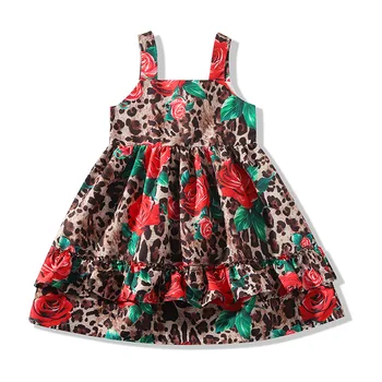 Nye mønster rose kjole til piger 2-5T sommer strand holiady boho slynge vest kjoler Leopard blomster prinsesse 90-130CM slip kjole