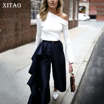 XITAO Uregelmæssige Elegante Kvinder Slash Hals, Slank Top T-Shirt 2021 Foråret Efteråret Løse Nye Sommer Mode Lommer Gudinde ZP1506