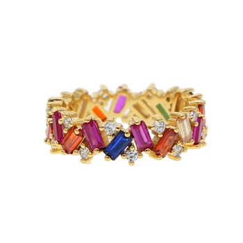 Guld Farve mode smykker regnbue-pladsen baguette cz engagement ring for kvinder farverige cz cubic zirconia evighed band ring