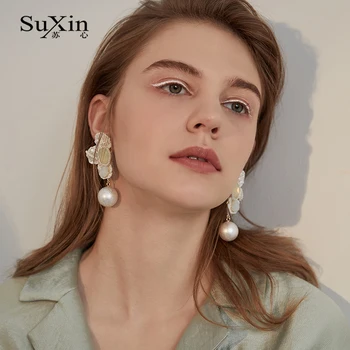 SuXin øreringe 2020 ny enkel hvid shell blomst øreringe til kvinder lang sektion kunstig perle vedhæng øreringe smykker gave