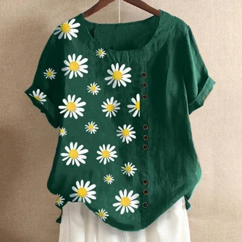 2020 Sommeren Daisy Print Knapper Bluse Shirts Elegante O-hals Bomuld Bluser Kvinder kortærmet Top Pullover Blusa Feminina