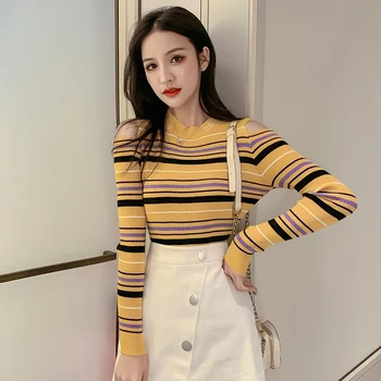 Lucyever Mode Stribet Kvinder Pullover Sweater Efterår og Vinter Sexet Hule O-neck Knit Top koreanske Piger langærmet Bluse