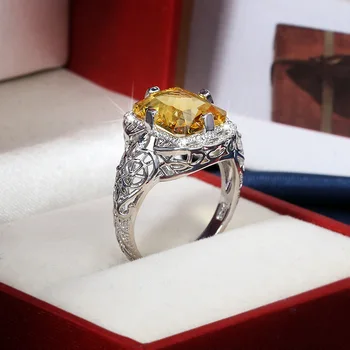 Damer 925 sterling sølv af høj kvalitet moissanite citrin hule bryllup engagement ring high-end smykker luksus damer ring