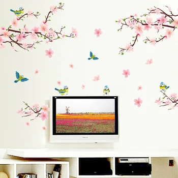 Magpie Peach Blossom Wall Stickers Kinesisk Stil Tapet Stue-TV Baggrund vægdekoration selvklæbende Soveværelse Indretning