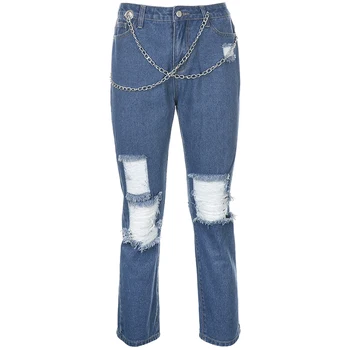 HEYounGIRL Høj Talje Nødlidende Jeans Bukser med Kæder Casual Mode Rippet Denim Lange Bukser Streetwear Blå Bukser, Capris