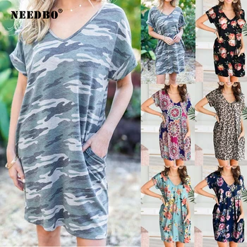 NEEDBO Sommeren Kvinder klæder sig Afslappet og Elegant Vestidos Mini Kjole Beach Stor Størrelse Sexet Print N-hals Kjole Kvinder Part Lomme Robe