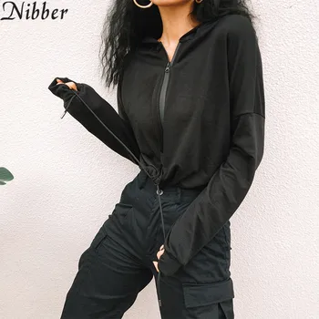 Nibber kvinder sort grundlæggende hætteklædte jakke-lange ærmer-lynlås bombefly jakke casual jakke frakke efteråret løs vinter streetwear