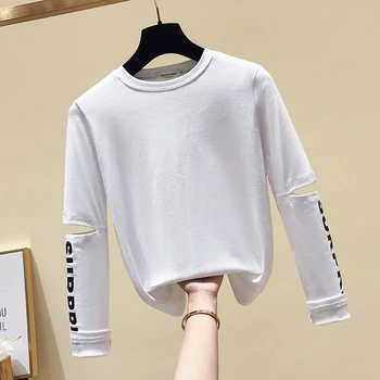 Gkfnmt langærmet T-shirt i Bomuld Efterår og Vinter Hule Black Toppe 2019 T-Shirt Kvinder Hvid Casual koreanske Tee Shirt Femme