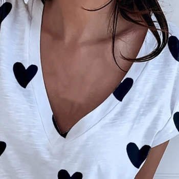 Hjerte Print Kvinder Skjorte Bluse Plus Size 2020 Afslappet Sommer Kort Ærme Løs Shirt Damer Streetwear Toppe Blusa Tøj