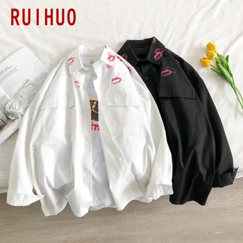 RUIHUO Kys Print Herre Shirt Med Print Vintage White Shirt til Mænd, Skjorter Til Mænd Tøj Harajuku Bluse M-5XL 2021 Ny