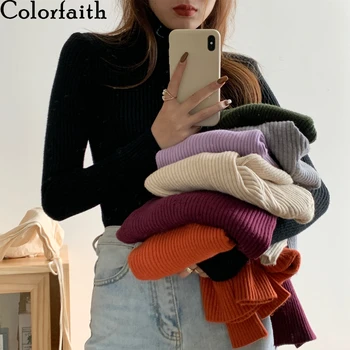 Colorfaith Nye 2020-Efterår og Vinter Kvinder Sweater Rullekrave Bunden koreansk Stil Elasticitet Strik Trøjer Toppe SW1129JX