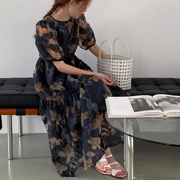 Fremmede Kitty Vinatge Olie Maleri Jacquard Elegante Kvinder Lang Kjole 2020 Nye Sommer Koreansk Stil Backless Maxi Kjoler Vestidos
