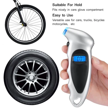 Bærbare Sølv Digital Dæk trykmåler til Måling Af For Køretøj, Bil, Motorcykel, Cykel-LCD-Display 0-150 PSI 4 Enheder