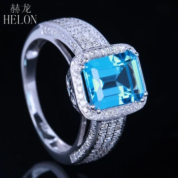 HELON Solid White 10K Guld Smaragd 9x7MM 3.3 ct Ægte, Naturlig Blå Topas Naturlige Diamanter Engagement Bryllup Smykker Ring