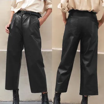 Plus Størrelse kvinde ' s Bred Ben Bukser ZANZEA 2021 Stilfulde Imiteret Læder Bukser Casual-Knappen Zip Lang Pantalon Kvindelige Sort Majroe