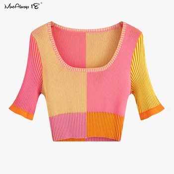 Mnealways18 Rainbow Slank Strikket T-shirt Kvinder Sommer Afgrøde Top Farve Blok Grundlæggende Strik Top Paneler Sweater Tee Streetwear