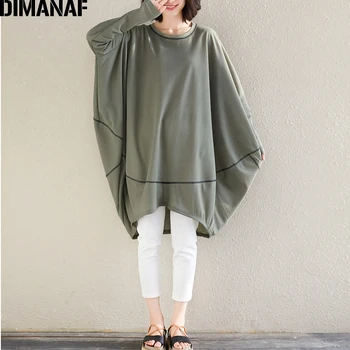 DIMANAF Plus Size Kvinder T-Shirts Dame Toppe, t-Shirts Kvindelige Tøj Grundlæggende Solid Løs Batwing Ærme Tunika Skjorte Stor Størrelse 2021 Efteråret