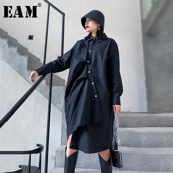 [EAM] Kvinder Sort Asymmetrisk Plisserede Stor Størrelse Kjole Nye Revers Lange Ærmer i Loose Fit Fashion Forår, Efterår 2021 1N802