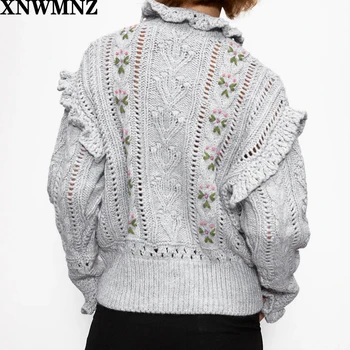 XNWMNZ Za kvinder Mode broderet oversize sweater Kvindelige loose montering bue lange ærmer Flæsekanter trimmer med Høj hals smarte trøjer