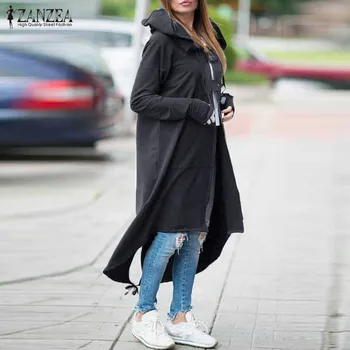 2021 Kvinder Sweatshirt Jakker ZANZEA Mode Efteråret Hættetrøjer Asymmetrisk Lynlås Spænder Coats Hooded Lang Overtøj Plus Størrelse