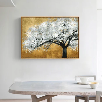 Golden Sølv Rige Træet Moderne Lærred Malerier Abstrakt Kunst til stuen Plakater Og Prints Landskab Billeder uden ramme