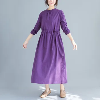 Johnature 2021 Foråret Koreanske O-Hals Kjoler Kvinder Nye Casual Solid Farve Løs Uafgjort Kvindelige Kjole