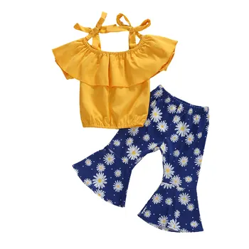 WOSHILAOCAI lille Barn, Børn Tøj, Baby Pige Sommer Outfits Kort Ærme Toppe, T-Shirt Blomster Trompet Flare Pants Sæt Tøj 2020