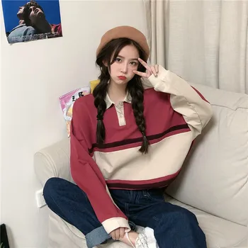 Vintage Polo Shirts Til Kvinder Overdimensionerede Brev Print Sweatshirt Japansk Koreansk Foråret Lange Ærmer Harajuku Smarte Knapper Kvindelige Toppe