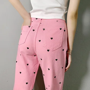 Kvinder Med Høj Talje Bukser Bukser Søde Kawaii Baby Pink Hjerte Bukser Y2k Pige Lolita Lige Streetwear Bukser