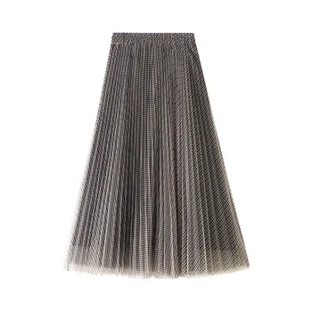 Kvinder plaid mesh elastisk nederdel med høj talje elegant retro-slank plisserede En linje nederdel tre lag streetwear 2020 efteråret og vinteren
