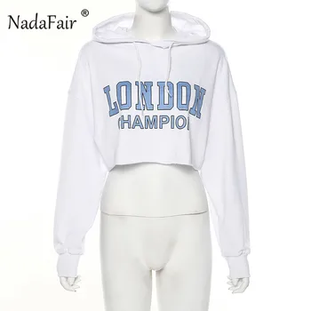 Nadafair Print-Blå Brev Hvid Hætte, Der Er Beskåret, Hættetrøjer Kvinder 2019 Lange Ærmer Streetwear Kort Sweatshirt Kvindelige