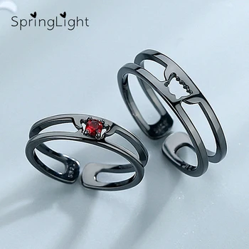 SpringLight Justerbar Sort Vampyr Ring Ægte 925 Sterling Sølv Fine Smykker Par Ringe til Kvinder Kæreste Elsker Gave