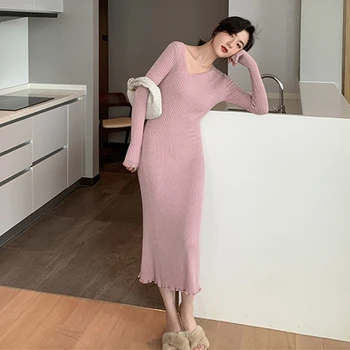 Cotday Sexet Ny 2021 Forår Og Efterår Kvinder Pink Casual Strik Asymmetrisk Høj Talje Bunden Elegant Pink Lang Kjole