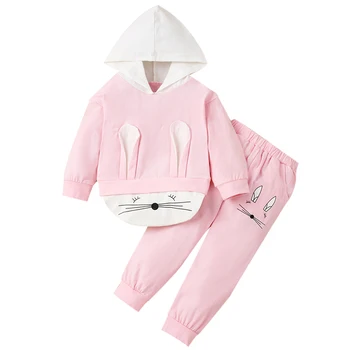 Børn, der er Indstillet Piger Tøj Solid Kanin Pink Hætte langærmet Top og Bukser Børn Efteråret Tøj til Børn Piger Tøj