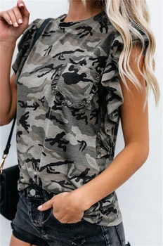 Leopard Pocket T-shirt Kvinder Sommeren Lotus blad sleeve Tee Shirt Kvindelige 2020 Nye O-neck Tops Tee Kvinder Tøj Kvindelige Short Sleev