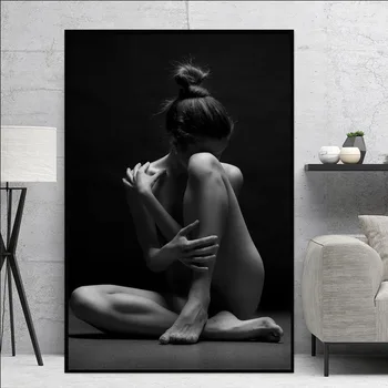 Sexet Sort Nøgen Contemplator Kvinde Olie Maleri på Lærred Body Art Cuadros Plakater og Prints Væg Kunst Billedet til Soveværelse Indretning