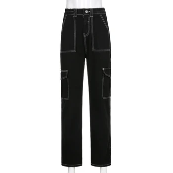 SUCHCUTE Gothic Black Kvinder Baggy Jeans Bukser Y2k Mode Høj Talje, Straight Bukser Streetwear koreansk Stil 90'erne Afslappet Outfit