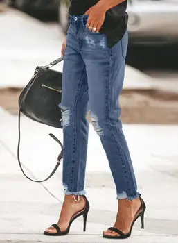 Efterår og vinter nye kvinders mode afslappet slim fit alsidig højtaljede perforeret rå kant vasket Capris elastiske jeans